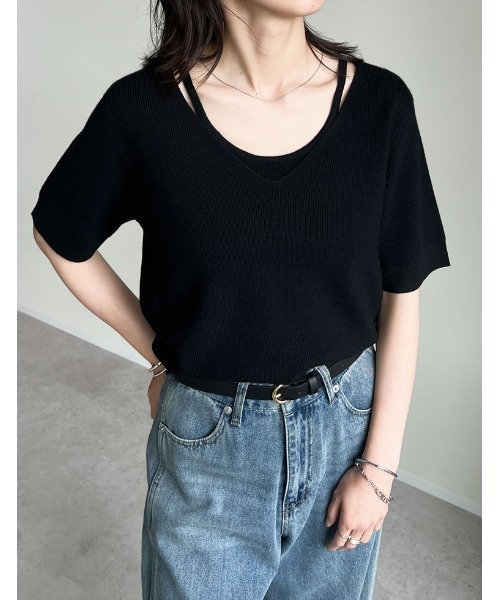 HERNO レイヤード半袖コットントップス 涼感]リネンタッチニットレイヤードライク半袖トップス（Tシャツ