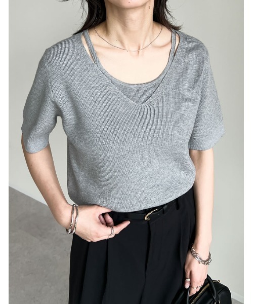 Re:EDIT（リエディ）の「[涼感]リネンタッチニットレイヤードライク半袖トップス（Tシャツ/カットソー・レディース・ブラック/グレー×ホワイト/グレー/ホワイト・MEDIUM/LARGE）」の20枚目の写真