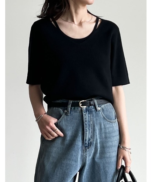 Re:EDIT（リエディ）の「[涼感]リネンタッチニットレイヤードライク半袖トップス（Tシャツ/カットソー・レディース・ブラック/グレー×ホワイト/グレー/ホワイト・MEDIUM/LARGE）」の18枚目の写真