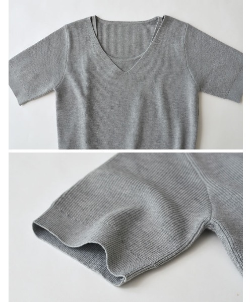 Re:EDIT（リエディ）の「[涼感]リネンタッチニットレイヤードライク半袖トップス（Tシャツ/カットソー・レディース・ブラック/グレー×ホワイト/グレー/ホワイト・MEDIUM/LARGE）」の8枚目の写真