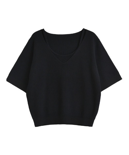 Re:EDIT（リエディ）の「[涼感]リネンタッチニットレイヤードライク半袖トップス（Tシャツ/カットソー・レディース・ブラック/グレー×ホワイト/グレー/ホワイト・MEDIUM/LARGE）」の11枚目の写真