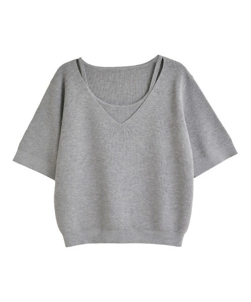 Re:EDIT（リエディ）の「[涼感]リネンタッチニットレイヤードライク半袖トップス（Tシャツ/カットソー・レディース・ブラック/グレー×ホワイト/グレー/ホワイト・MEDIUM/LARGE）」の13枚目の写真