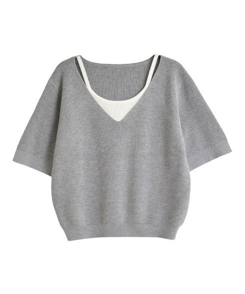 Re:EDIT（リエディ）の「[涼感]リネンタッチニットレイヤードライク半袖トップス（Tシャツ/カットソー・レディース・ブラック/グレー×ホワイト/グレー/ホワイト・MEDIUM/LARGE）」の7枚目の写真