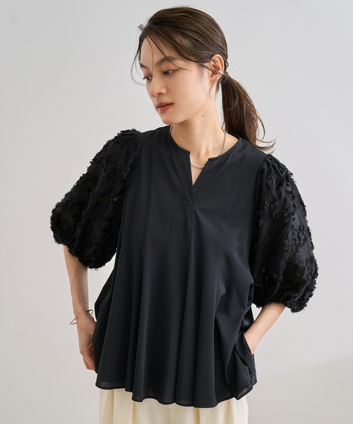 セール】ジャガードスリーブコンビブラウス/イージーケア（シャツ