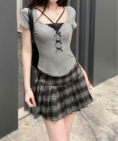 kirakiraShop(キラキラショップ)の「レイヤード風 フロント レース リボン トップス(Tシャツ/カットソー・レディース・グレー・FREE)」の3枚目の写真