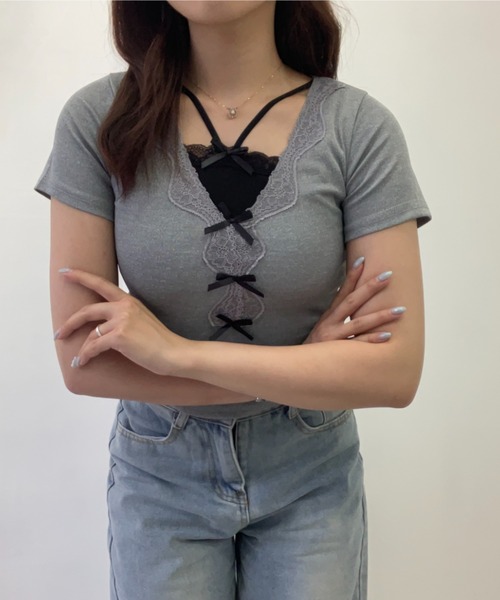 kirakiraShop(キラキラショップ)の「レイヤード風 フロント レース リボン トップス(Tシャツ/カットソー・レディース・グレー・FREE)」の16枚目の写真