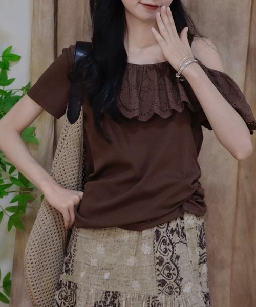 Lace Ladies（レースレディース）の「異素材 フリルレース アシメ ショルダー トップス（Tシャツ/カットソー・レディース・ホワイト/ブラウン/ブラック・FREE）」の3枚目の写真