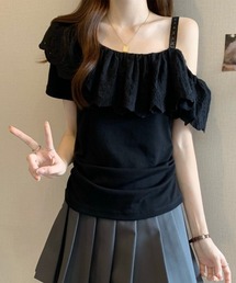 異素材 フリルレース アシメ ショルダー トップス