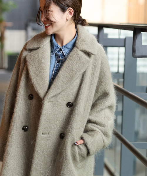 美品✨TICCA アンシェヌマン（HER.）別注　Pコート　モヘヤ混　ベージュ 美品✨TICCA アンシェヌマン（HER.）別注Pコートモヘヤ混ベージュ