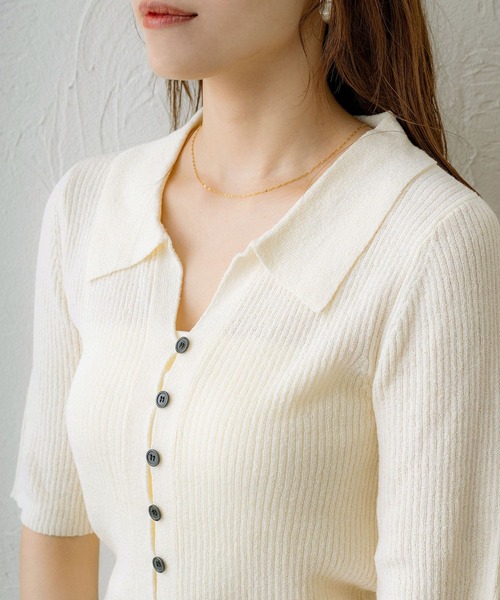 セール】【NOAHL】サマーニット襟付き五分袖トップス（ニット