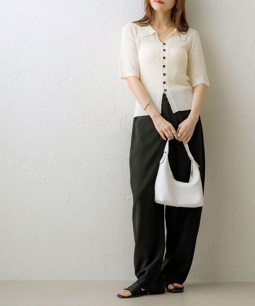 MOU サマーセーター　白/navy イタリア製 セール】【NOAHL】サマーニット襟付き五分袖トップス（ニット