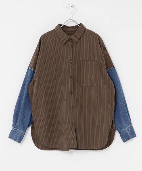 KBF デニムスリーブリメイクシャツ　ブラウン　即購入OK デニムスリーブリメイクシャツ（シャツ/ブラウス）｜KBF（ケイビーエフ