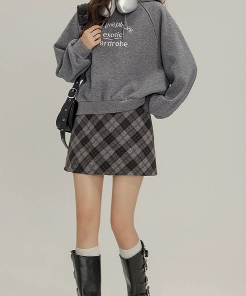 gossip!ロサンゼルス(ゴシップロサンゼルス)の「【Y2Kガーリー】レトロチェック柄Aラインミニスカート(スカート・レディース・ダークグレー・S/M/L)」の3枚目の写真