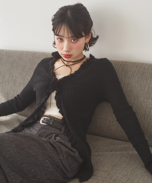front frill lib knit cardigan /フロントフリルリブニット