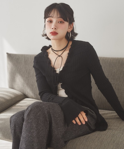 LAULEN(ローレン)の「front frill lib knit cardigan /フロントフリルリブニットカーディガン(カーディガン/ボレロ・レディース・ブラウン/ブラック/アイボリー・FREE)」の10枚目の写真