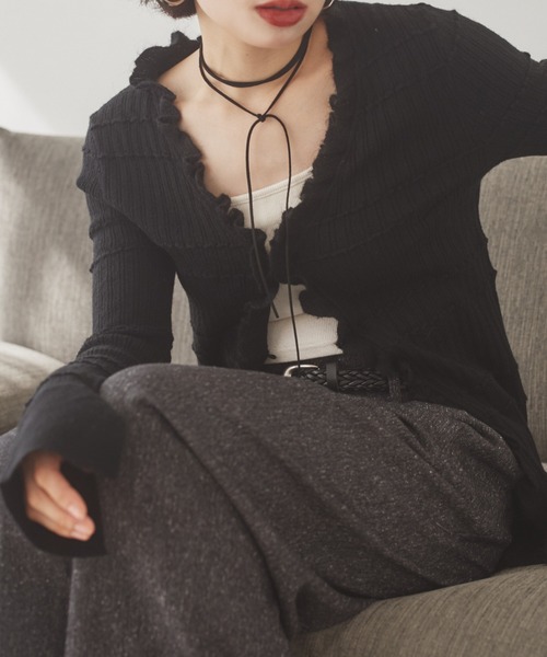 LAULEN(ローレン)の「front frill lib knit cardigan /フロントフリルリブニットカーディガン(カーディガン/ボレロ・レディース・ブラウン/ブラック/アイボリー・FREE)」の12枚目の写真