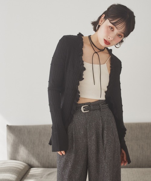 front frill lib knit cardigan /フロントフリルリブニット