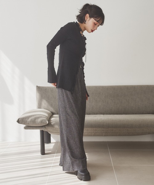 front frill lib knit cardigan /フロントフリルリブニット