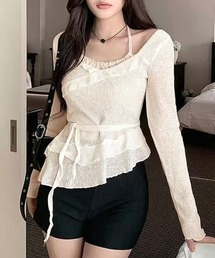 レイヤード風裾アシメフリルトップス