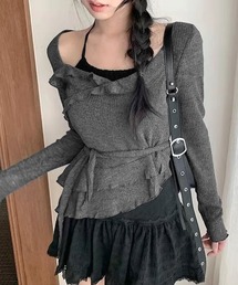 レイヤード風裾アシメフリルトップス