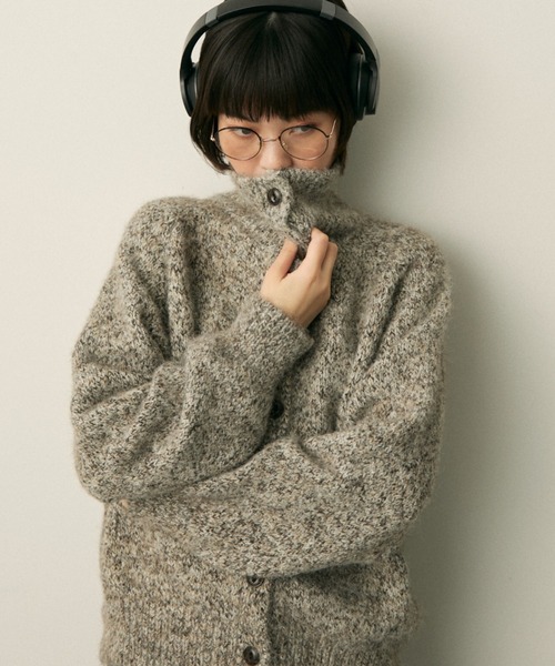 mix knit high neck cardigan / ミックスニットハイネックカーディガン