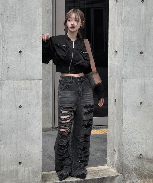 KsG(ケーエスジー)の「Pocket Shirring Cropped MA1(MA-1・レディース・ホワイト/ブラック・LARGE/MEDIUM/SMALL)」の14枚目の写真