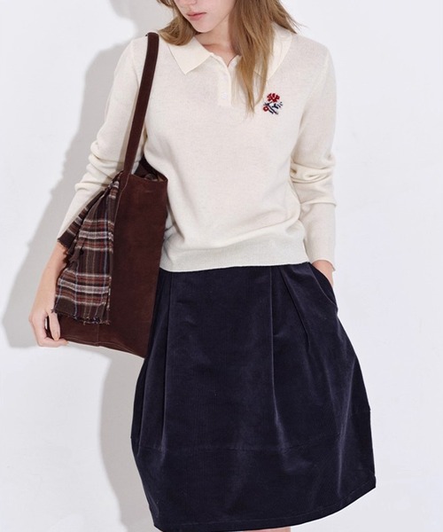 ポロカラー ワンポイント花柄刺繍 ニットトップス FD25S027