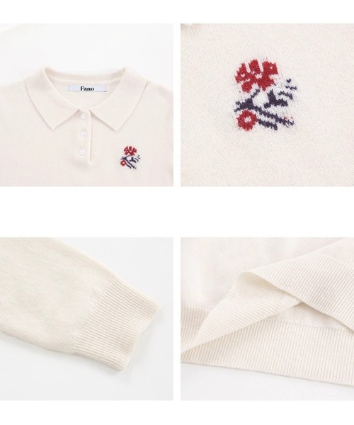 hana出品 ポロカラー ワンポイント花柄刺繍 ニットトップス FD25S027【Fano