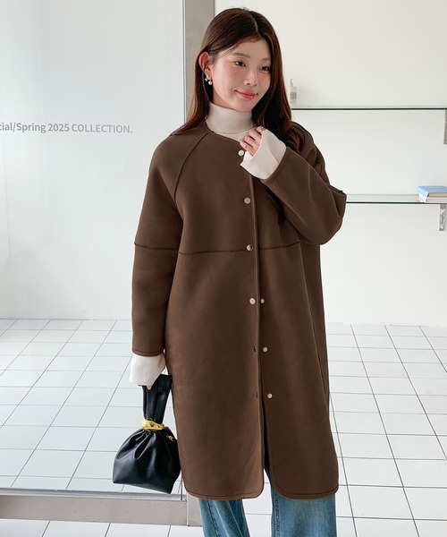 セール】2WAYリバーシブルノーカラーロングコート（フェイクスエード