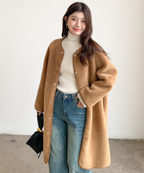 セール】2WAYリバーシブルノーカラーロングコート（フェイクスエード