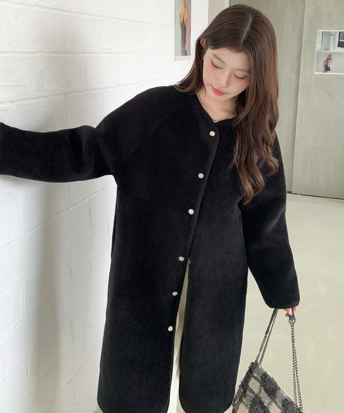 セール】2WAYリバーシブルノーカラーロングコート（フェイクスエード