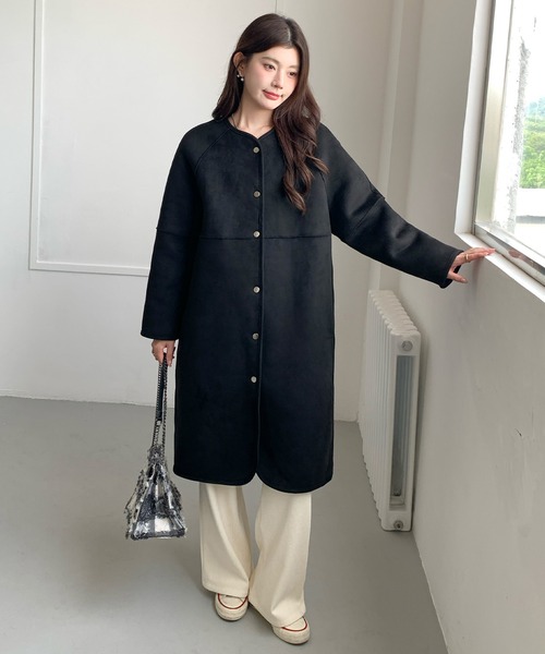 セール】2WAYリバーシブルノーカラーロングコート（フェイクスエード