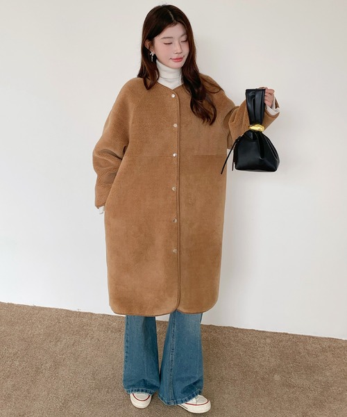 ✨Super Beauty ✨ノーカラーコート✨42 Lサイズ✨ブラウン✨美品✨ セール】2WAYリバーシブルノーカラーロングコート（フェイクスエード