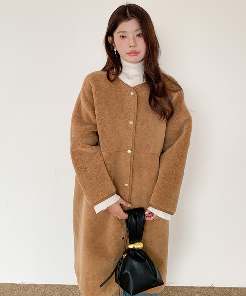 セール】2WAYリバーシブルノーカラーロングコート（フェイクスエード