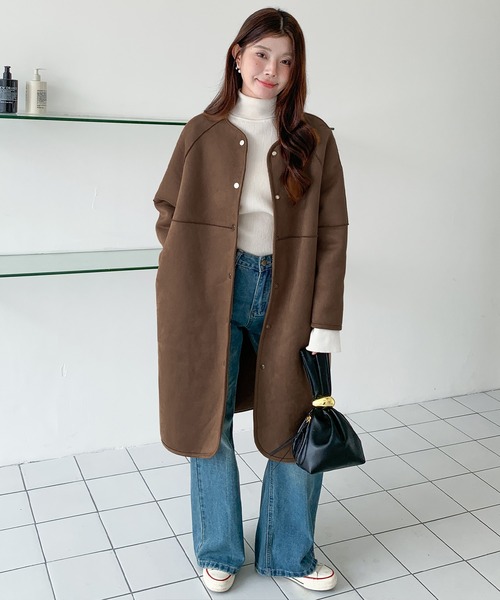 セール】2WAYリバーシブルノーカラーロングコート（フェイクスエード