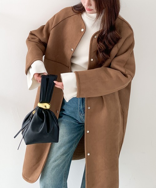 セール】2WAYリバーシブルノーカラーロングコート（フェイクスエード