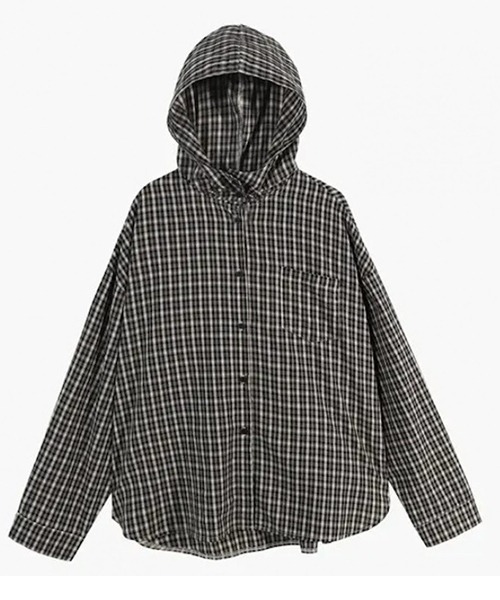 WARAIJOGO(ワライジョウゴ)の「【WARAIJOGO】ブラックチェックシャツパーカー/レディース(NEZ)(パーカー・レディース・ブラック・FREE)」の2枚目の写真