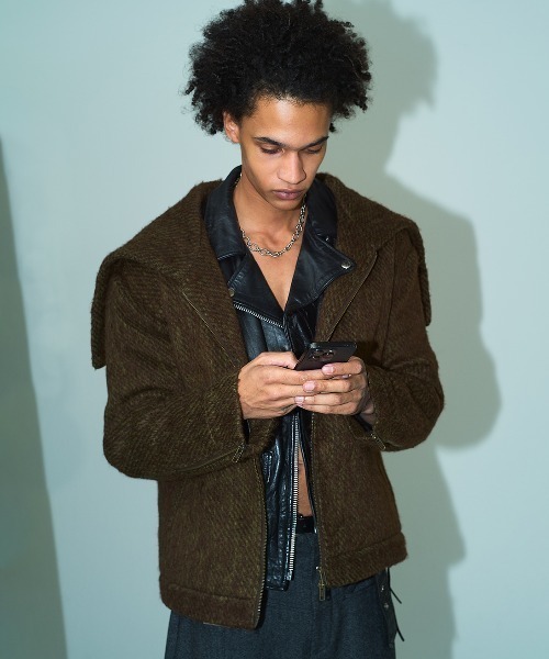 Camphor wood(カンファーウッド)の「SAILOR COLLAR SHAGGY HOODIE / セーラーカラージップアップシャギーフーディ(パーカー・メンズ・グレイッシュブルー/ブラウン・MEDIUM/LARGE)」の5枚目の写真