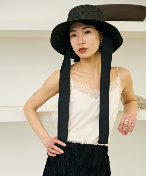 AIC.（エーアイシー）の「ロングリボンワイドブリムペーパーハット/サイズ調節可能/紐取り外し可能（ハット・レディース・ブラック/ベージュ・FREE）」の19枚目の写真