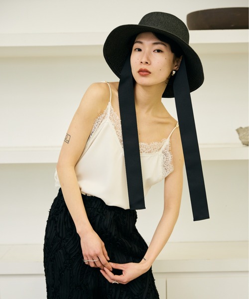 AIC.（エーアイシー）の「ロングリボンワイドブリムペーパーハット/サイズ調節可能/紐取り外し可能（ハット・レディース・ブラック/ベージュ・FREE）」の22枚目の写真