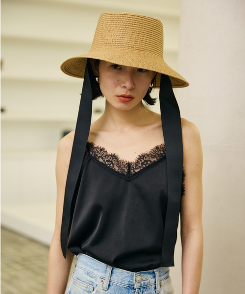 AIC.（エーアイシー）の「ロングリボンワイドブリムペーパーハット/サイズ調節可能/紐取り外し可能（ハット・レディース・ブラック/ベージュ・FREE）」の8枚目の写真