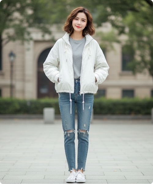 I.O.E（アイオイ）の「デイリールーズフィット ハイネック中綿ブルゾン（ダウンジャケット/コート・レディース・ブラウン/アイボリー/ブラック・FREE）」の5枚目の写真