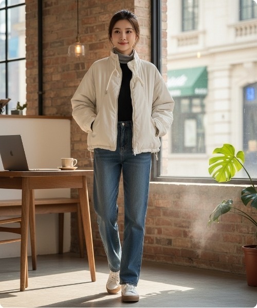 I.O.E（アイオイ）の「デイリールーズフィット ハイネック中綿ブルゾン（ダウンジャケット/コート・レディース・ブラウン/アイボリー/ブラック・FREE）」の6枚目の写真
