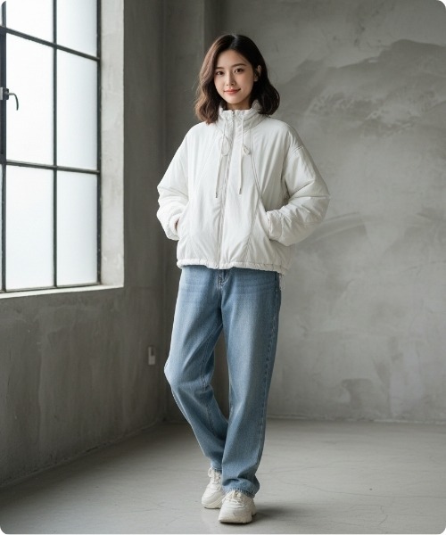 I.O.E（アイオイ）の「デイリールーズフィット ハイネック中綿ブルゾン（ダウンジャケット/コート・レディース・ブラウン/アイボリー/ブラック・FREE）」の13枚目の写真
