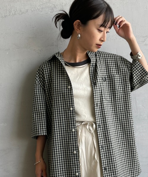 FRED PERRY（フレッドペリー）の「[FRED PERRY/フレッドペリー] ワンポイントロゴ刺繍 ギンガムチェック ショートスリーブシャツ（シャツ/ブラウス・レディース・モスグリーン/サックスブルー・M/L）」の7枚目の写真