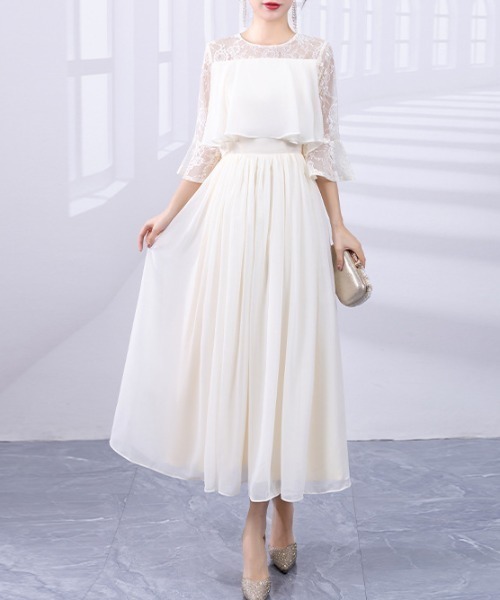 FREE STYLISTS(フリー スタイリスト)の「YUGA_YGMC Sheer lace flare dress(ドレス・レディース・オフホワイト/ブラック/ライトグレー/ネイビー・M/L/XL)」の2枚目の写真