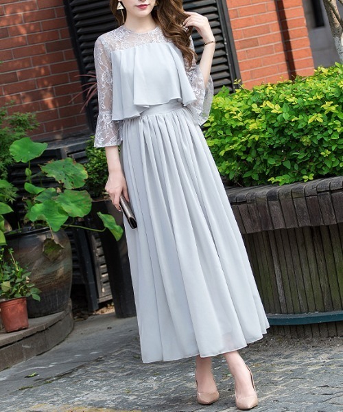 FREE STYLISTS(フリー スタイリスト)の「YUGA_YGMC Sheer lace flare dress(ドレス・レディース・オフホワイト/ブラック/ライトグレー/ネイビー・M/L/XL)」の4枚目の写真