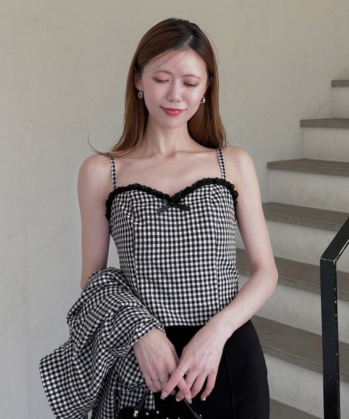 ROYAL PARTY（ロイヤルパーティー）の「レーストリミングリボンキャミソール（キャミソール・レディース・ブルー/オフホワイト/チェック・FREE）」の3枚目の写真