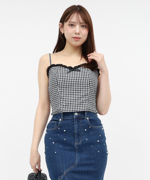 ROYAL PARTY（ロイヤルパーティー）の「レーストリミングリボンキャミソール（キャミソール・レディース・ブルー/オフホワイト/チェック・FREE）」の5枚目の写真