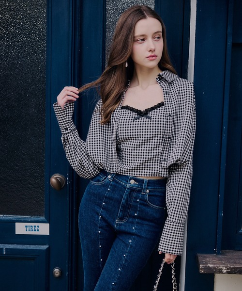 ROYAL PARTY（ロイヤルパーティー）の「レーストリミングリボンキャミソール（キャミソール・レディース・ブルー/オフホワイト/チェック・FREE）」の13枚目の写真